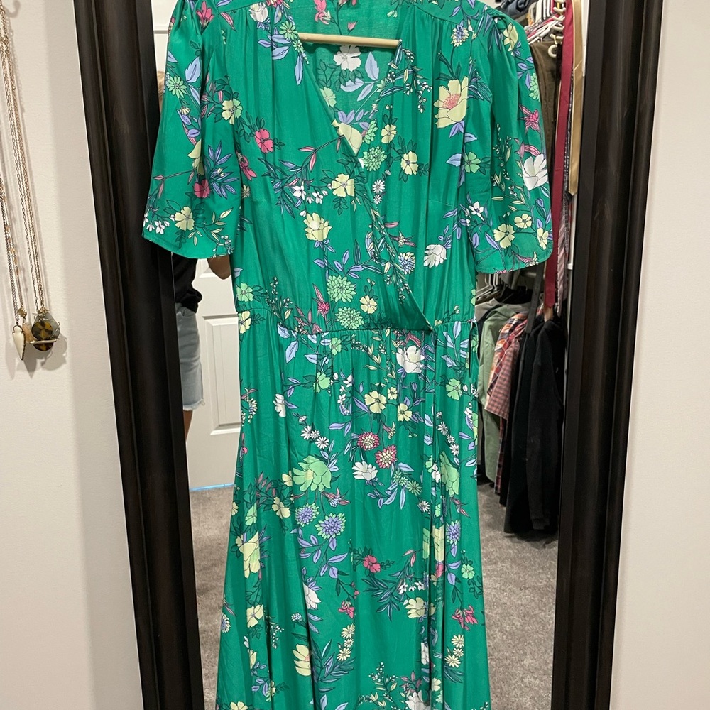 LOFT Vibrant Green Floral Midi Wrap Dress